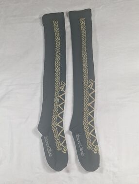 Innocent World Dark Green Lace-Up OTK Socks with Gold Thread Detail | Classic